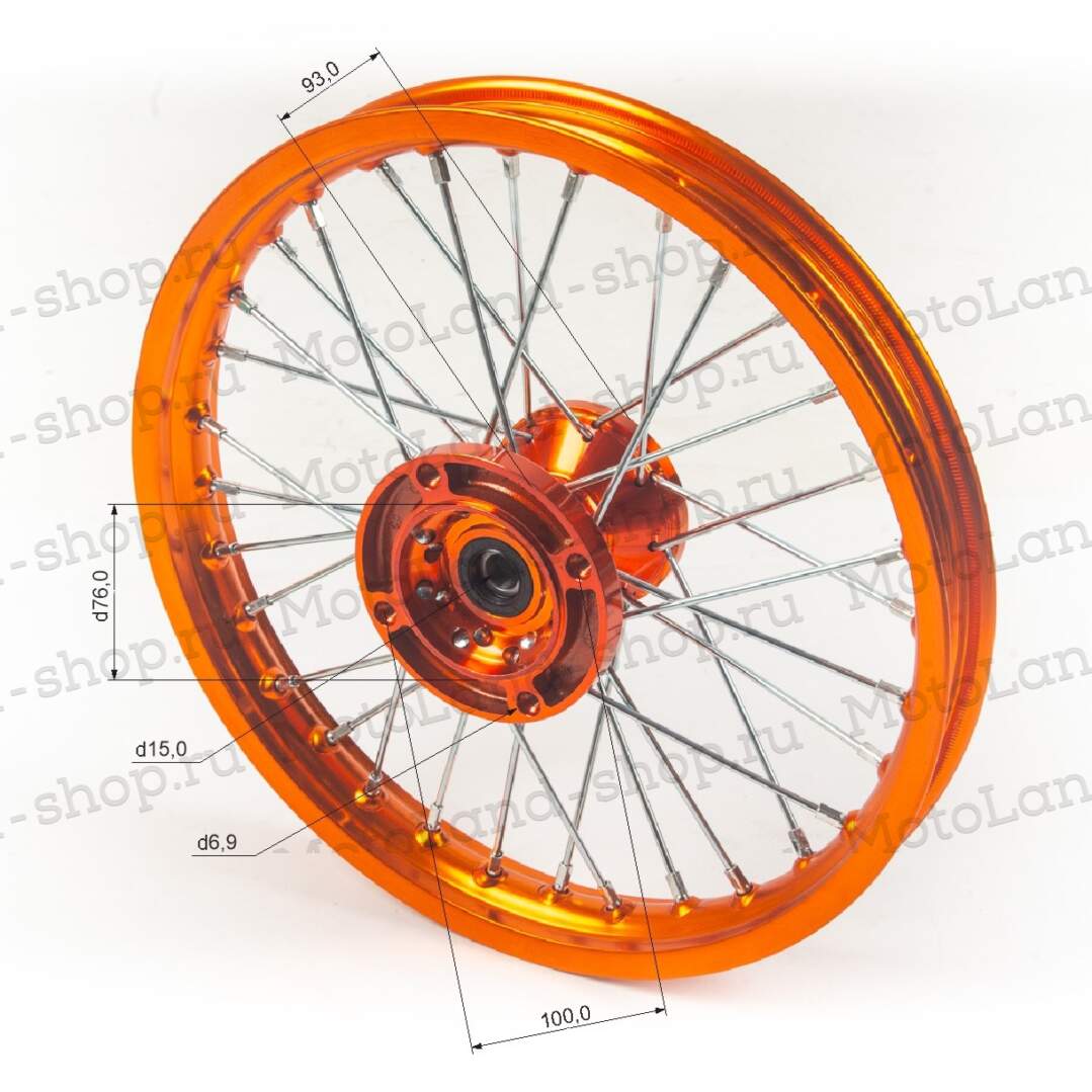 Обод передний 14" (1,40-R14 d=15mm) CNC ступица, алюминий/оранжевый X-TECH (4x100x76)