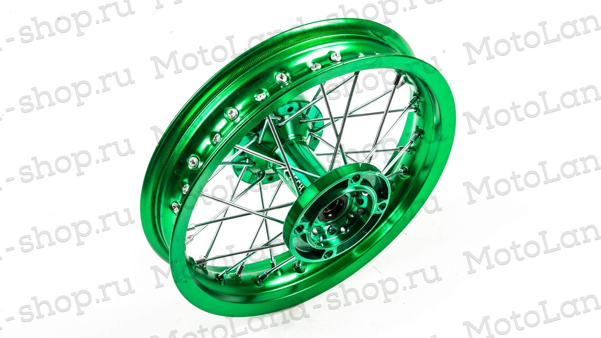 Обод задний 12" (1,85-R12 d=15mm) CNC ступица, алюминий/зеленый X-TECH (4х100х76/4х92х76 дск/звзд)