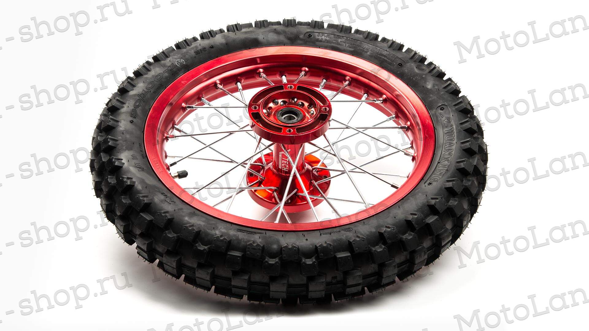 Обод задний 14"  (1,85-R14 d=15mm) 90/100-14" CNC ступица, с резиной, алюминий/красный