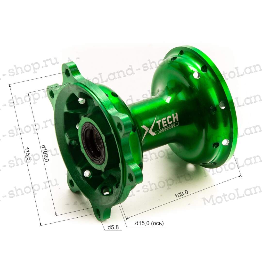 Ступица передняя CNC (R21" d=15mm) зеленая X-TECH