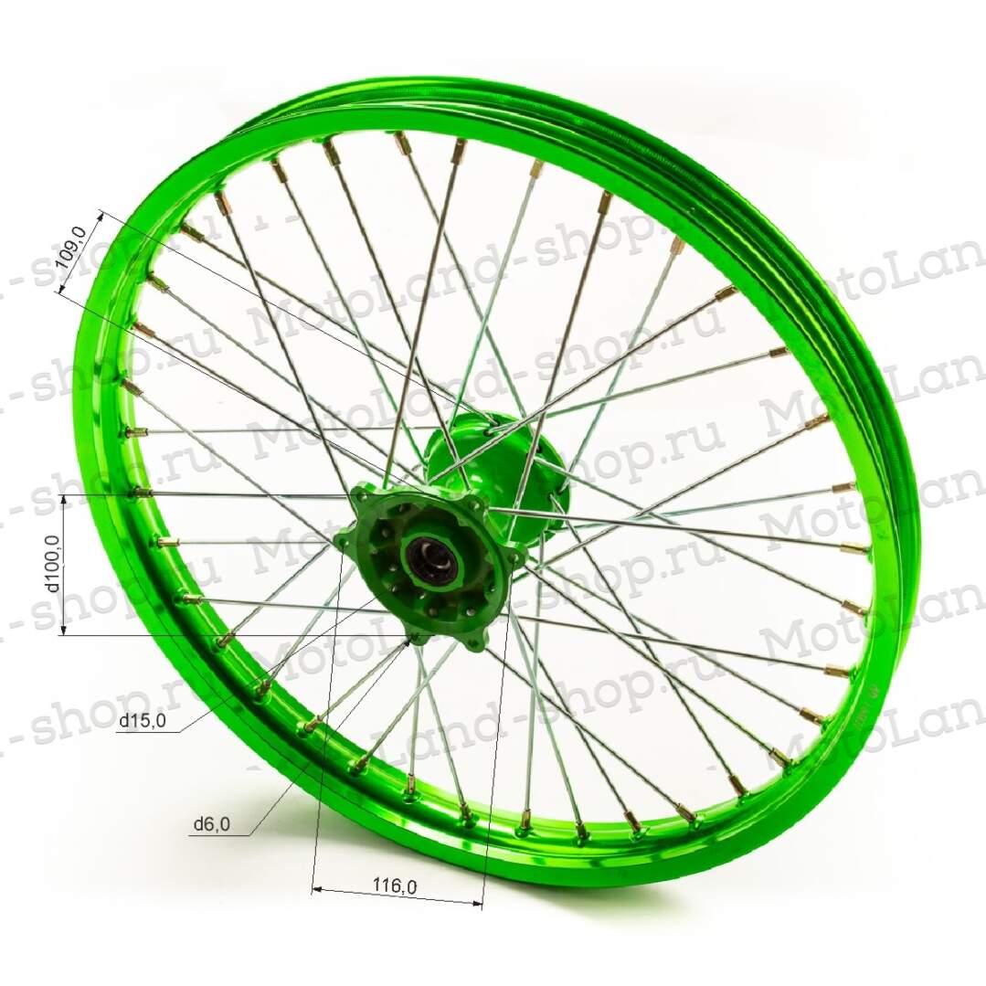 Обод передний 21" (1,60-R21 d=15mm) CNC ступица, алюминий/зеленый X-TECH (6x116x100)