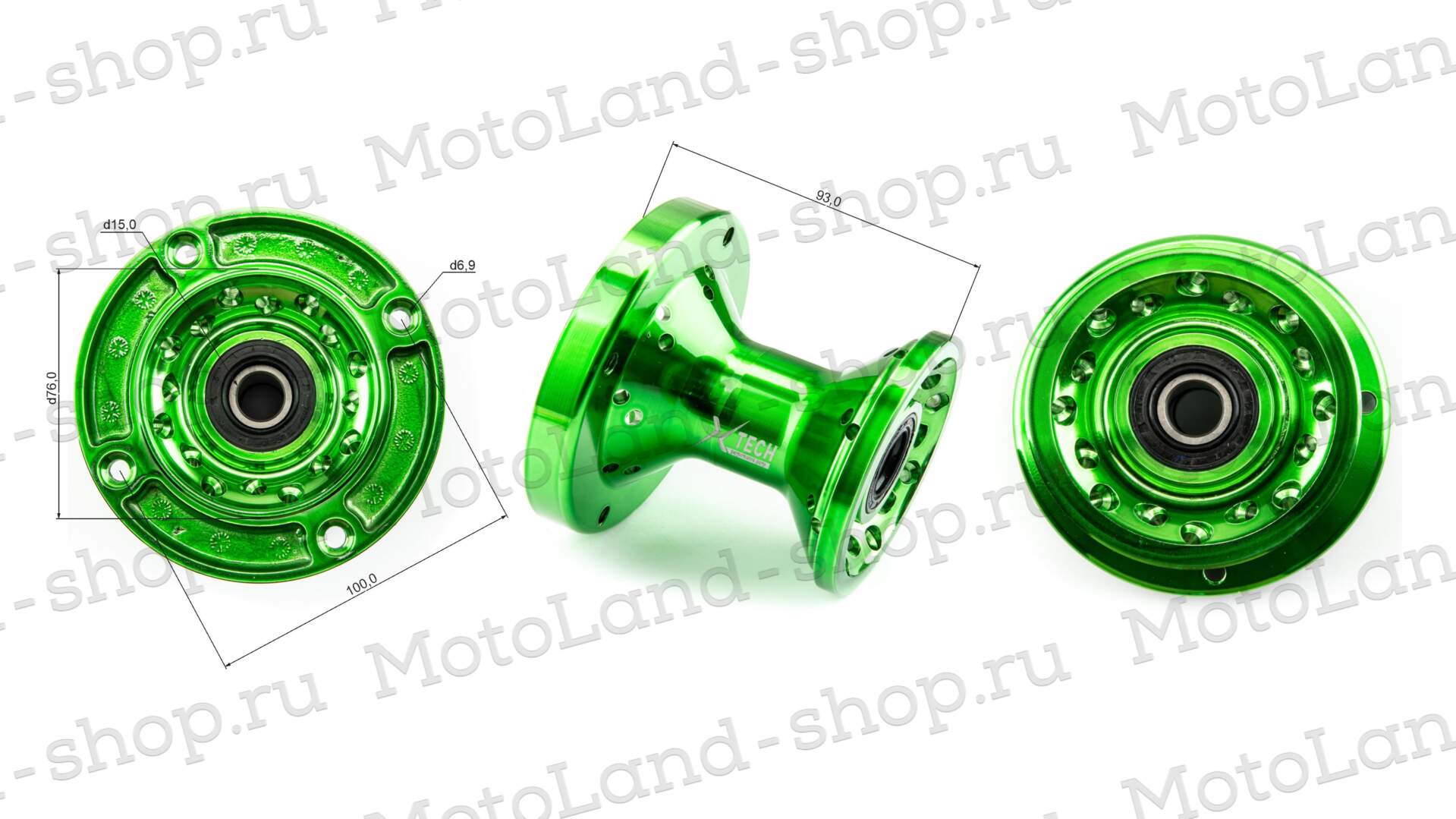 Ступица передняя CNC (R12"/14"/17" d=15mm) X-Tech, зеленая 100x76x4 M6.9