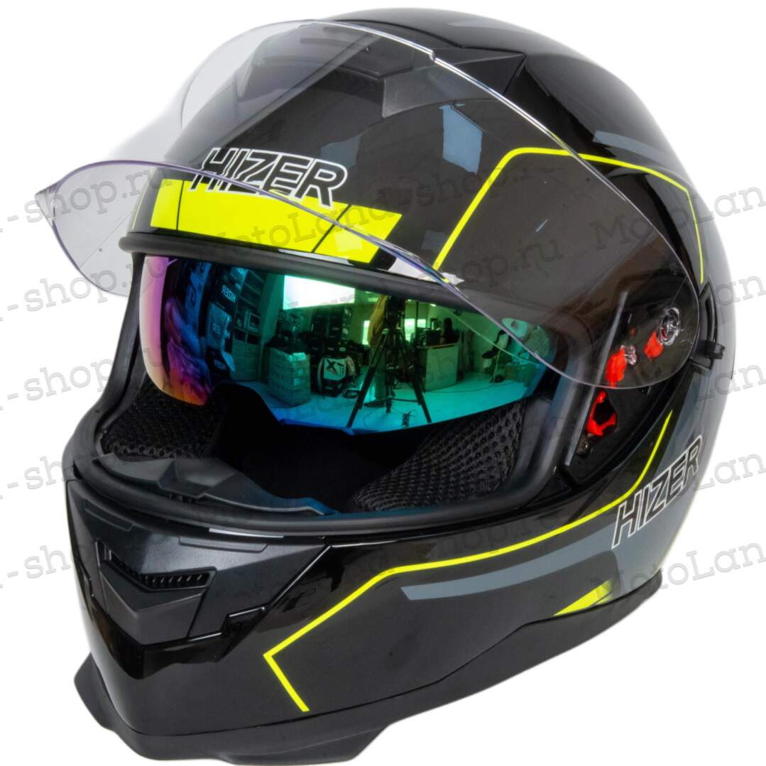 Шлем мото интеграл HIZER J5318 №1 (L)  black/yellow (2 визора)