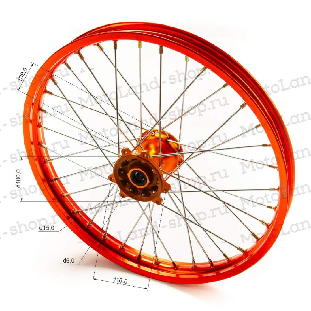 Обод передний 21" (1,60-R21 d=15mm) CNC ступица, алюминий/оранжевый X-TECH (6x116x100)