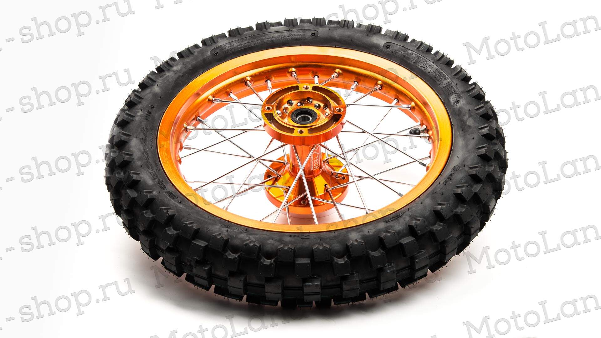 Обод задний 14" (1,85-R14 d=15mm) 90/100-14" CNC ступица, с резиной алюминий/оранжевый